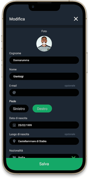 Profilo giocatore YouCoachApp mobile Profilo giocatore YouCoachApp mobile